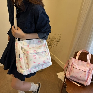 Women Large Capacity Nylon Tote Bag Floral Bow Print Shoulder Crossbody Bag Sweet Pastoral Daily Commuting Handbag Top Handle