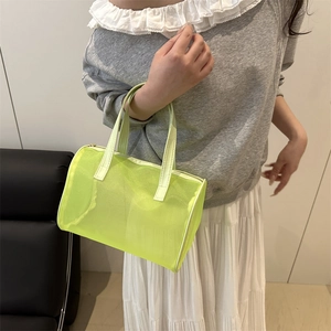 Sac à main en mesh transparent vert fluo pour femme avec bordure en similicuir