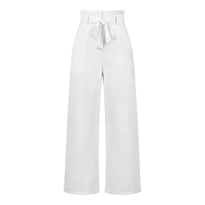 Detail of white high-waisted paper-bag trousers with a decorative tie-up bow belt