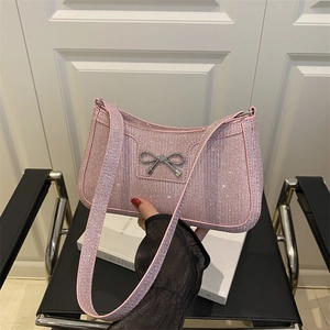 Damen Funkelnde Glitzer Achseltasche Elegante PU Schleife Dekorative Schultertasche Große Kapazität Einfarbig Mode Baguette Tasche
