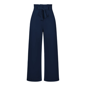 Navy blue high-waisted wide-leg trousers with a paperbag waist and matching tie belt