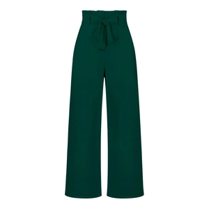 Detail of high waisted paperbag trousers with a stylish bow tie belt in dark green
