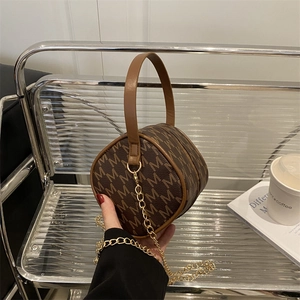 Women's Mini Cylindrical Crossbody Bag Vintage Monogram Letter Print Handbag With Gold Chain Strap Fashion Shoulder Bag