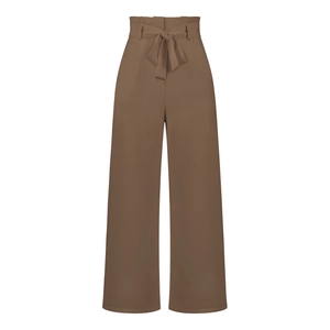 Women's high waist paperbag wide leg trousers in brown with bow belt tie