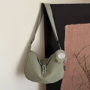 Women Nylon Crescent Shoulder Bag With Small Round Pouch Casual Minimalist Solid Color Crossbody Tote Handbag For Daily