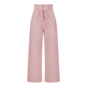 Elegant high-waisted pink wide-leg trousers with a stylish bow belt for casual workwear