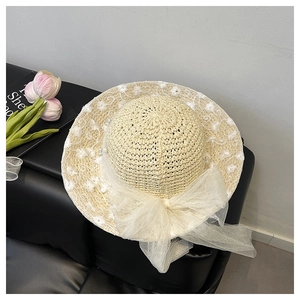 French style straw hat with white flower embroidery, pearls and a large mesh bow detail