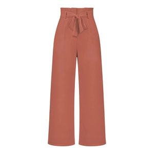 Detail of high waisted brick red wide leg trousers with stylish paperbag waist bow