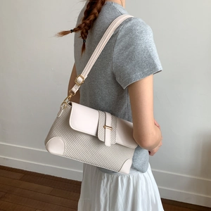 French Retro Spliced Woven PU Leather Baguette Bag For Women Golden Hardware Adjustable Strap Shoulder Crossbody Handbag