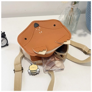 Vue à plat du sac bandoulière animal dessin animé montrant l'intérieur avec accessoires