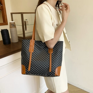 Women Large Capacity PU Leather Tote Bag Geometric Monogram Pattern Shoulder Bag Vintage Office Handbag For Women