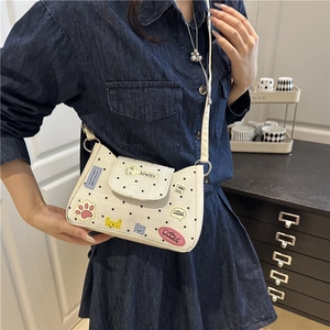 Women Polka Dot PU Leather Shoulder Bag Cute Cartoon Patches Braided Handle Large Capacity Crossbody Handbag Fashion Bag