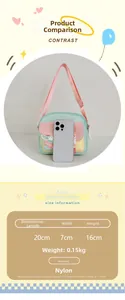 Comparaison de taille et détails du sac à bandoulière en nylon aux couleurs vives