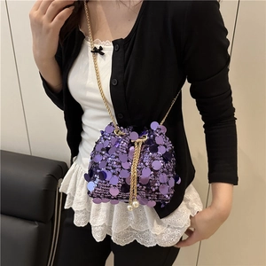 Chic purple sequin bucket bag with gold chain strap and pearl charms for women