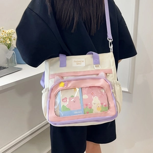 Borsa Ita in Stile Harajuku Giapponese Donna in Nylon Colore a Contrasto Borsa a Tracolla Orecchie di Gatto Finestra Trasparente Borsa Scuola