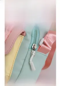 Détail de la fermeture éclair fluide et du tissu en nylon coloré sur le sac à bandoulière