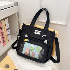 Women Cute Cat Ear Ita Bag Large Capacity Nylon Tote Bag Transparent Window For Pins Badges Daily Casual Shoulder Bag