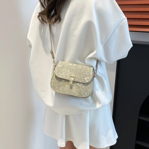 Women Straw Woven Crossbody Bag With Flower Embroidery Pastoral Style PU Shoulder Strap Small Square Summer Beach Bag