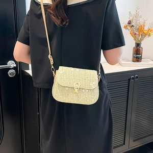 Summer woven lace straw crossbody bag with floral embroidery and golden metal lock