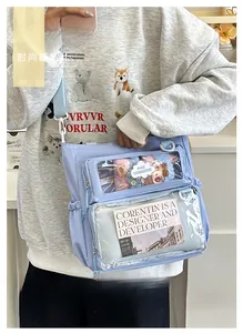 Detail of light blue nylon crossbody bag with transparent display windows and pockets