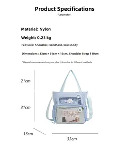 Detail view of light blue nylon bag showing size 33x31cm and 0.23kg lightweight specs