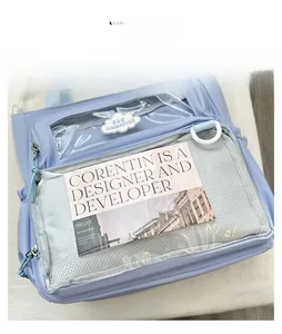 Detail of light blue waterproof nylon bag featuring transparent PVC window and mesh pocket