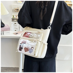 Detailed back view of a beige nylon crossbody bag with transparent display pockets