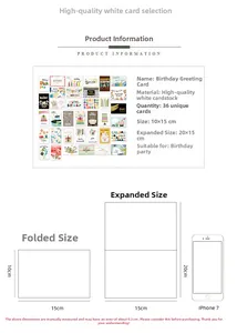 Detailed view of 36-pack gold stamped birthday cards with size chart 10x15cm