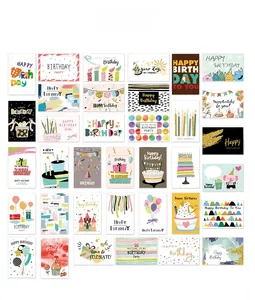 Detailed grid showing 36 diverse birthday cards with gold foil patterns and envelopes