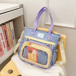 Trendy large capacity patchwork tote bag in pastel blue and yellow with cat ear PVC pocket