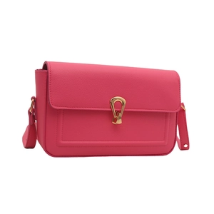 Elegant rose red leather shoulder bag with textured finish and golden U-shaped buckle