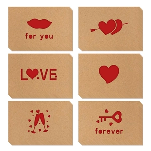 Set of 6 kraft paper greeting cards with hollow romantic designs and red liners