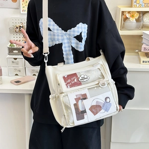Women Nylon Ita Bag Large Capacity Shoulder Bag With Transparent PVC Windows Fresh Campus Style Crossbody Tote Bag