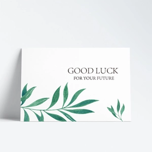 Minimalist card with green watercolor leaves and Good Luck For Your Future text