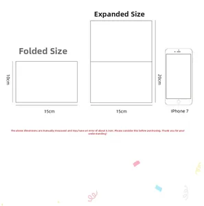 Detailed size chart showing 15x10cm folded and 15x20cm unfolded dimensions of birthday card