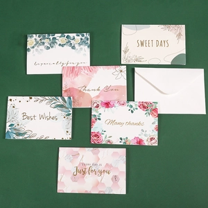 Detail of 6-pack assorted watercolor thank you greeting cards and white envelope