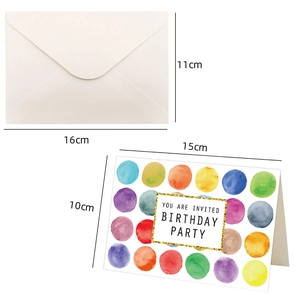 Watercolor dot birthday invitation card set with envelope and dimensions 15x10cm
