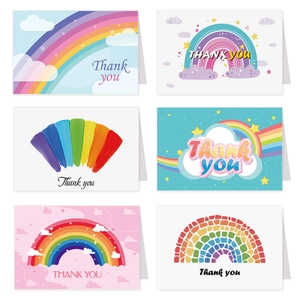 Set of six rainbow themed thank you cards with diverse colorful artistic designs