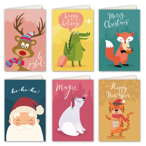Set of 6 festive Christmas cards featuring cute reindeer, fox, and Santa illustrations