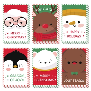 6-pack set of creative Christmas greeting cards with Santa and Reindeer designs