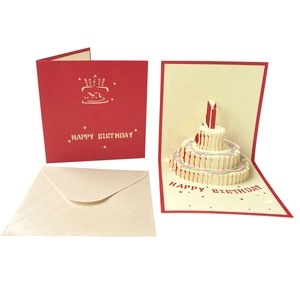 3D pop-up birthday card with laser-cut red cover and tiered cake design including envelope