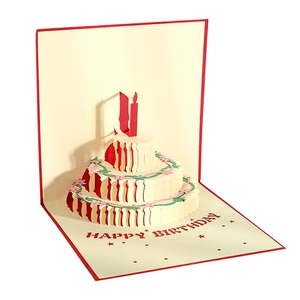 Detail of 3D pop-up birthday cake card with laser cut floral layers and candle