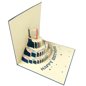 3D pop-up birthday card featuring a three-tier cake with floral details and candle