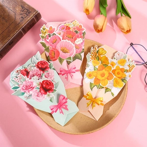 3D Pop Up Flower Bouquet Greeting Card With Envelope Aesthetic Handmade Cardstock Floral Card For Mother's Day Teacher's Day Birthday Wedding Gift Card