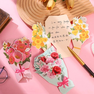 3D pop-up flower bouquet greeting card with envelope and ribbon for Mother's Day and birthdays