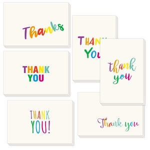 Set of 48 creative thank you cards with colorful artistic fonts and white envelopes