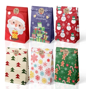 Detailed set of 6 kraft paper Christmas gift bags featuring festive Santa and snowman motifs