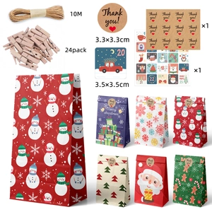 Christmas Kraft Paper Gift Bags With Wood Clips Hemp Rope Stickers Advent Calendar Festive Decoration