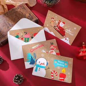 24-piece Christmas card set with kraft paper cartoon designs and white envelopes