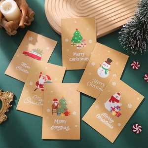 Retro kraft paper Christmas cards featuring festive illustrations on a dark green backdrop